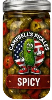 A jar of Campbell's Pickles Spicy