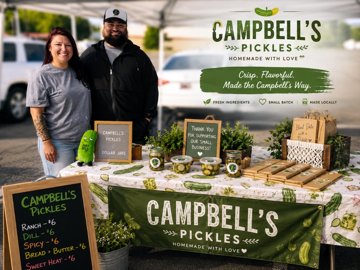 Two smiling vendors behind the Campbell's Pickles stand at a farmers market with a chalkboard flavor menu, green Campbell's Pickles banner, and jars of pickles on a cucumber-print tablecloth